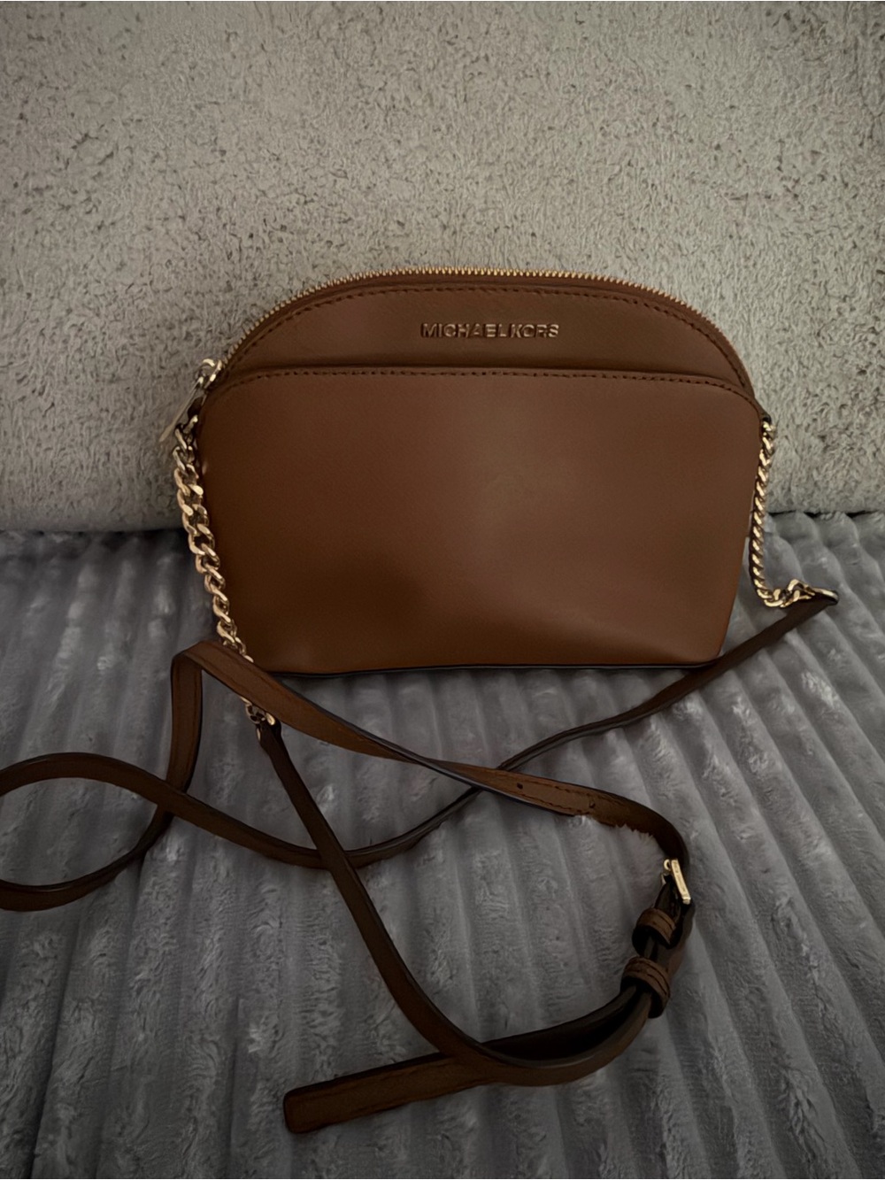 Michael Kors Brown Leather Dome Crossbody with Gold Chain